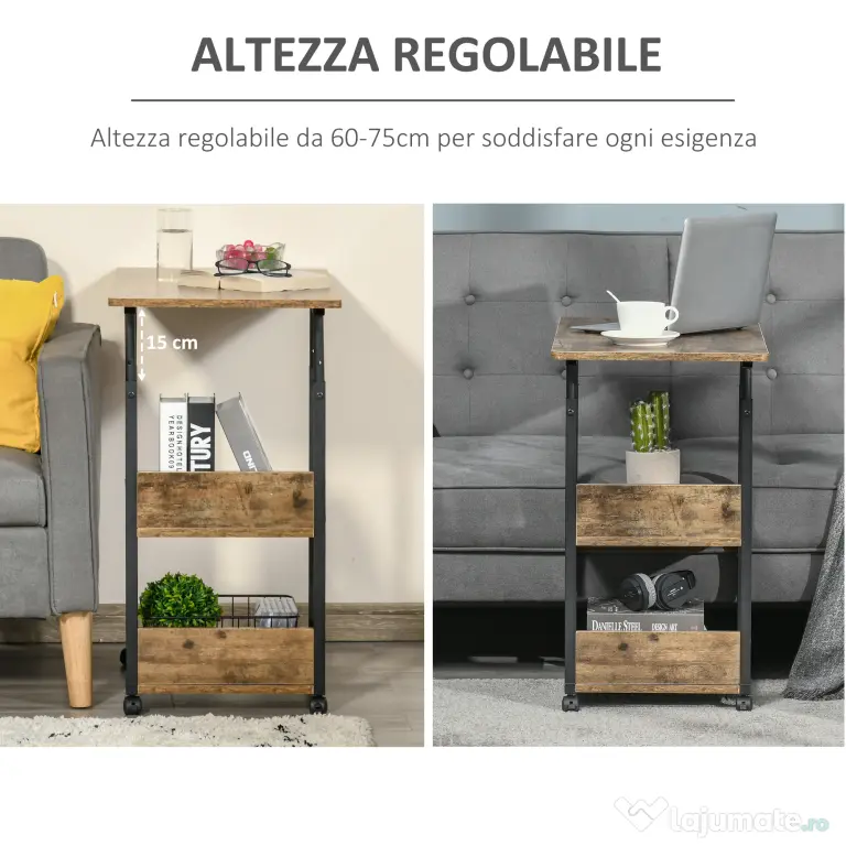 HOMCOM Măsuță de Sufragerie Noptieră Reglabilă în Înălțime Design Rustic Maro | Aosom Romania