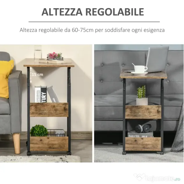 HOMCOM Măsuță de Sufragerie Noptieră Reglabilă în Înălțime Design Rustic Maro | Aosom Romania