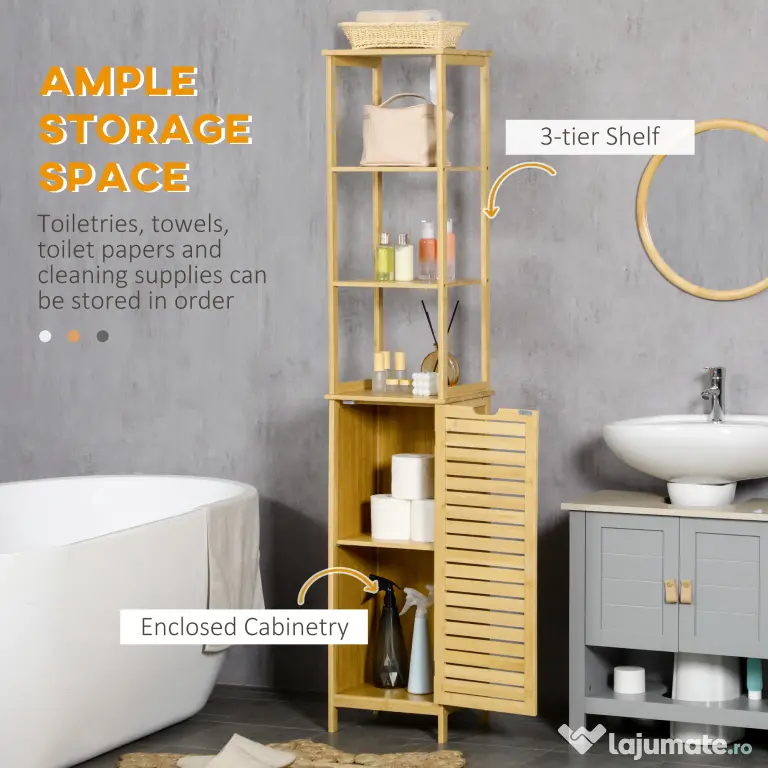 Kleankin Turn Mobilier Baie, Spațiu Depozitare Vertical, Lemn, 34x30x173cm, Design Compact | Aosom Romania