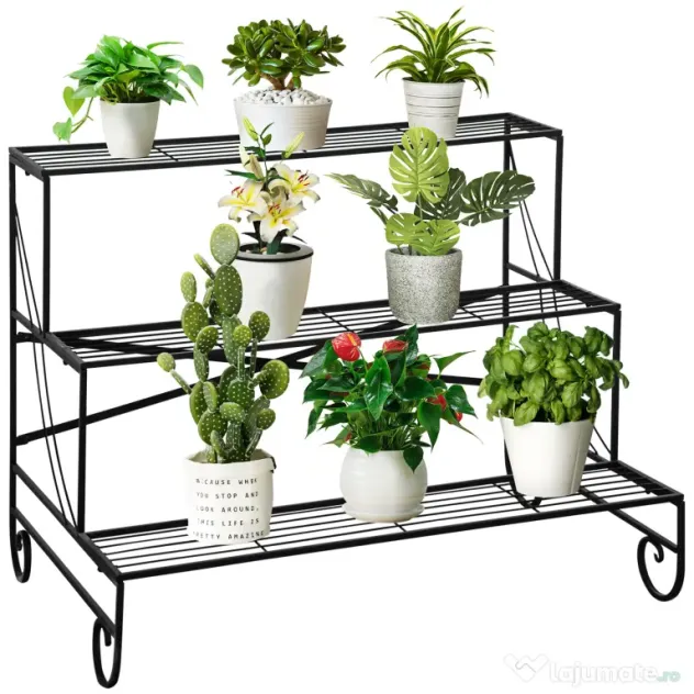 Outsunny Suport pentru Plante din Fier Forjat, Scara Suport pentru Ghivece pentru Exterior pe 3 Niveluri, Negru