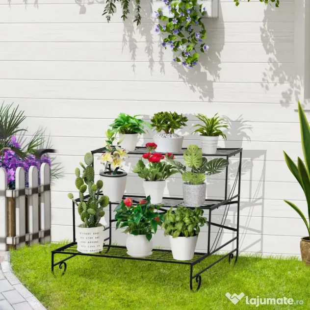 Outsunny Suport pentru Plante din Fier Forjat, Scara Suport pentru Ghivece pentru Exterior pe 3 Niveluri, Negru