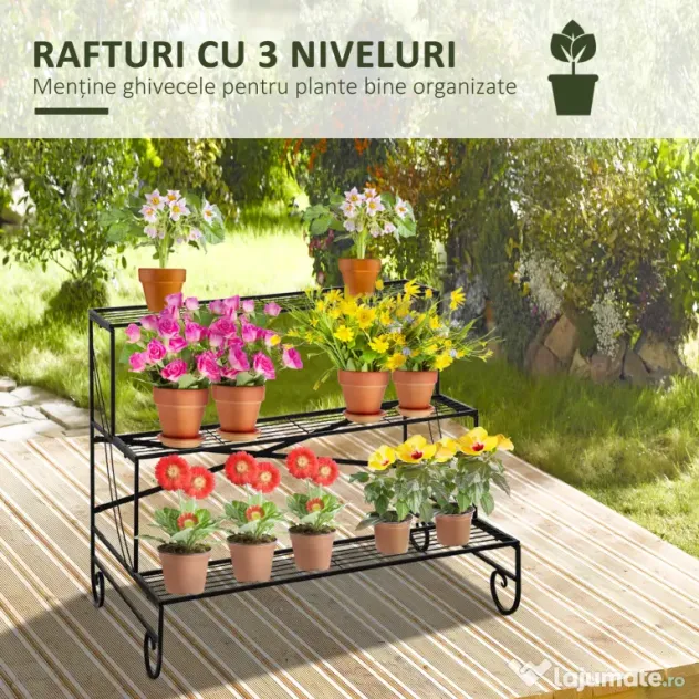 Outsunny Suport pentru Plante din Fier Forjat, Scara Suport pentru Ghivece pentru Exterior pe 3 Niveluri, Negru