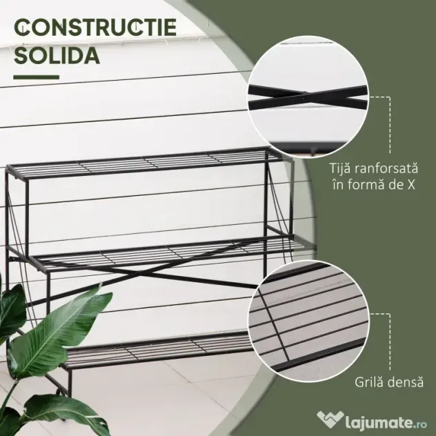 Outsunny Suport pentru Plante din Fier Forjat, Scara Suport pentru Ghivece pentru Exterior pe 3 Niveluri, Negru
