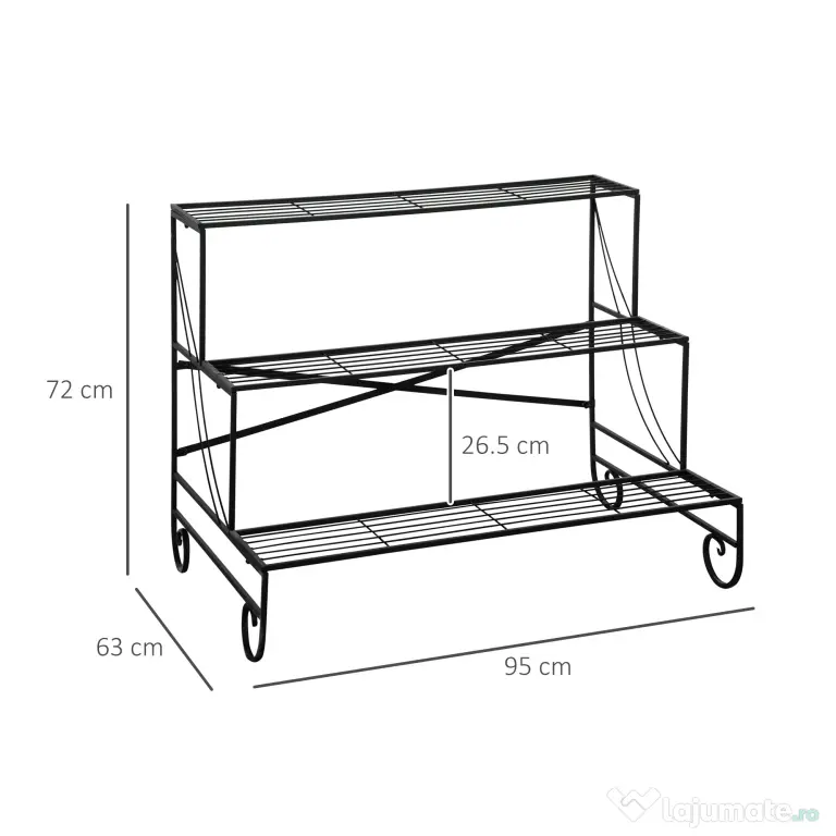 Outsunny Suport pentru Plante din Metal, Scară Suport pe 3 Niveluri pentru Ghivece de Grădina în Stil Vintage, 95x63x72 cm, Negru | Aosom Romania