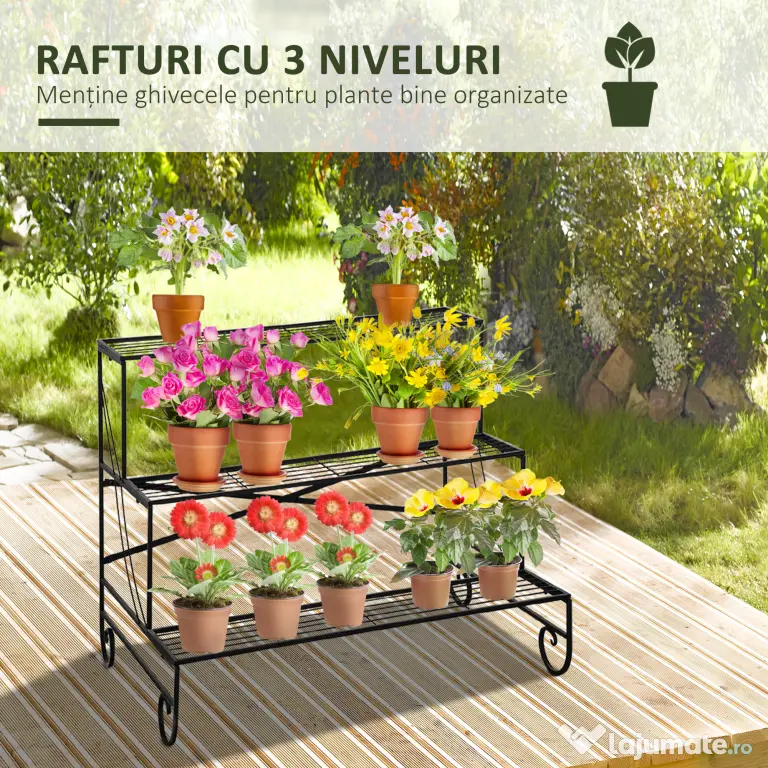 Outsunny Suport pentru Plante din Metal, Scară Suport pe 3 Niveluri pentru Ghivece de Grădina în Stil Vintage, 95x63x72 cm, Negru | Aosom Romania