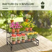 Outsunny Suport pentru Plante din Metal, Scară Suport pe 3 Niveluri pentru Ghivece de Grădina în Stil Vintage, 95x63x72 cm, Negru | Aosom Romania