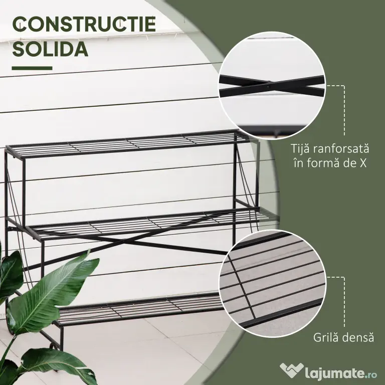 Outsunny Suport pentru Plante din Metal, Scară Suport pe 3 Niveluri pentru Ghivece de Grădina în Stil Vintage, 95x63x72 cm, Negru | Aosom Romania