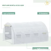 Outsunny Sera Tip Tunel cu Ușă, Panouri și 8 Ferestre Rulabile, din Oțel Galvanizat și PE, 3.97x3x2 m, Alb 