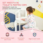 Masa de Machiaj HOMCOM pentru Copii cu Scaunel și Oglindă Triplă, din Lemn și Acrilic, 63x40x85.5 cm, Albă 