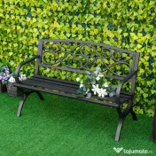 Banca pentru gradina Outsunny, cu 2 locuri, otel si fonta, cu spatar decorat, negru | Aosom Romania 
