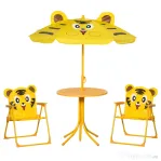 Outsunny Set de Exterior pentru Copii, 4 Piese cu 2 Scaune Pliabile, Umbrelă de Grădină și Masă Rotundă, Set din Oțel și Țesătură Oxford Galben