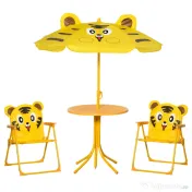 Outsunny Set de Exterior pentru Copii, 4 Piese cu 2 Scaune Pliabile, Umbrelă de Grădină și Masă Rotundă, Set din Oțel și Țesătură Oxford Galben