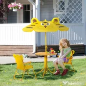 Outsunny Set de Exterior pentru Copii, 4 Piese cu 2 Scaune Pliabile, Umbrelă de Grădină și Masă Rotundă, Set din Oțel și Țesătură Oxford Galben