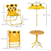 Outsunny Set de Exterior pentru Copii, 4 Piese cu 2 Scaune Pliabile, Umbrelă de Grădină și Masă Rotundă, Set din Oțel și Țesătură Oxford Galben