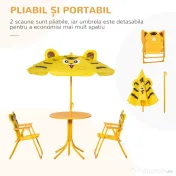 Outsunny Set de Exterior pentru Copii, 4 Piese cu 2 Scaune Pliabile, Umbrelă de Grădină și Masă Rotundă, Set din Oțel și Țesătură Oxford Galben