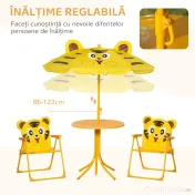 Outsunny Set de Exterior pentru Copii, 4 Piese cu 2 Scaune Pliabile, Umbrelă de Grădină și Masă Rotundă, Set din Oțel și Țesătură Oxford Galben