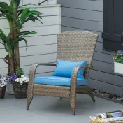 Outsunny Scaun Adirondack din Ratan pentru Grădină cu Perne Moi Spătar Înalt Curbat și Cotiere Albastru Deschis | Aosom Romania