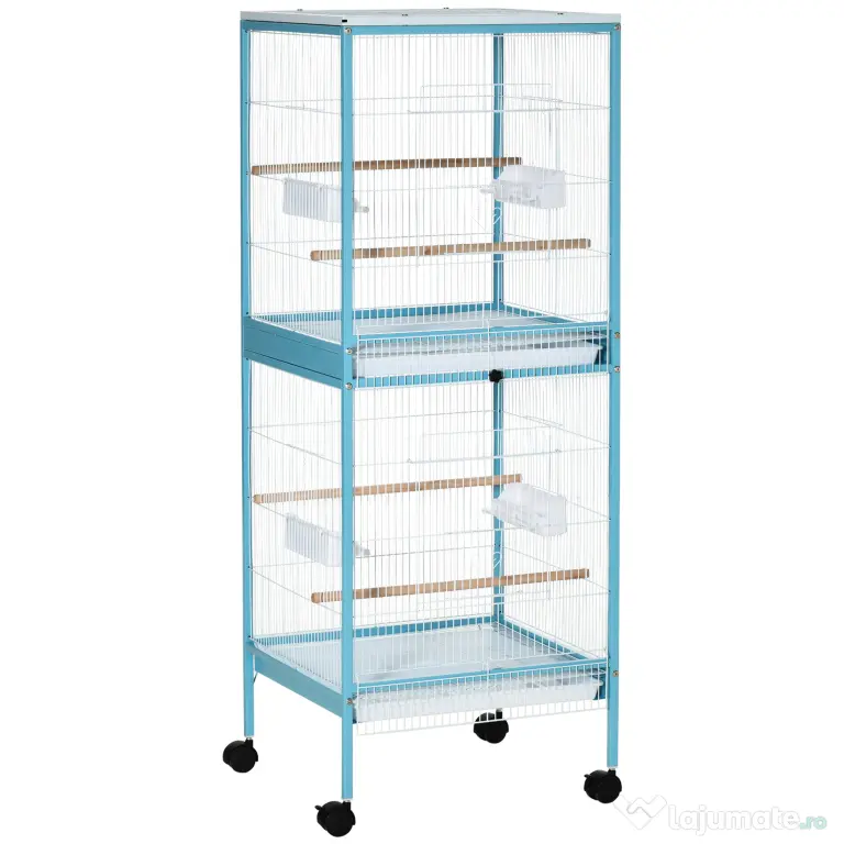 PawHut Colivie pentru Păsări, Volieră cu 4 Roți Pivotante, Tăvi Detașabile și Recipiente din Plastic, 51,5x50x140 cm, Albastru | Aosom Romania