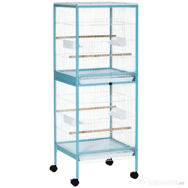 PawHut Colivie pentru Păsări, Volieră cu 4 Roți Pivotante, Tăvi Detașabile și Recipiente din Plastic, 51,5x50x140 cm, Albastru | Aosom Romania