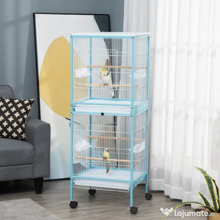 PawHut Colivie pentru Păsări, Volieră cu 4 Roți Pivotante, Tăvi Detașabile și Recipiente din Plastic, 51,5x50x140 cm, Albastru | Aosom Romania