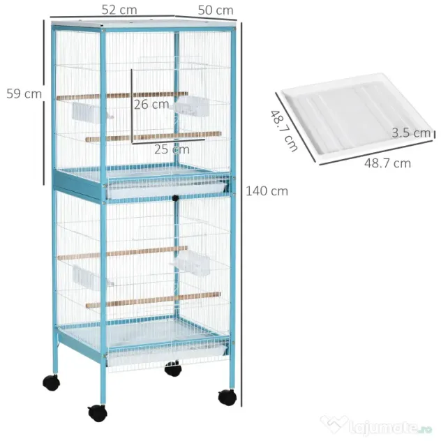 PawHut Colivie pentru Păsări, Volieră cu 4 Roți Pivotante, Tăvi Detașabile și Recipiente din Plastic, 51,5x50x140 cm, Albastru | Aosom Romania