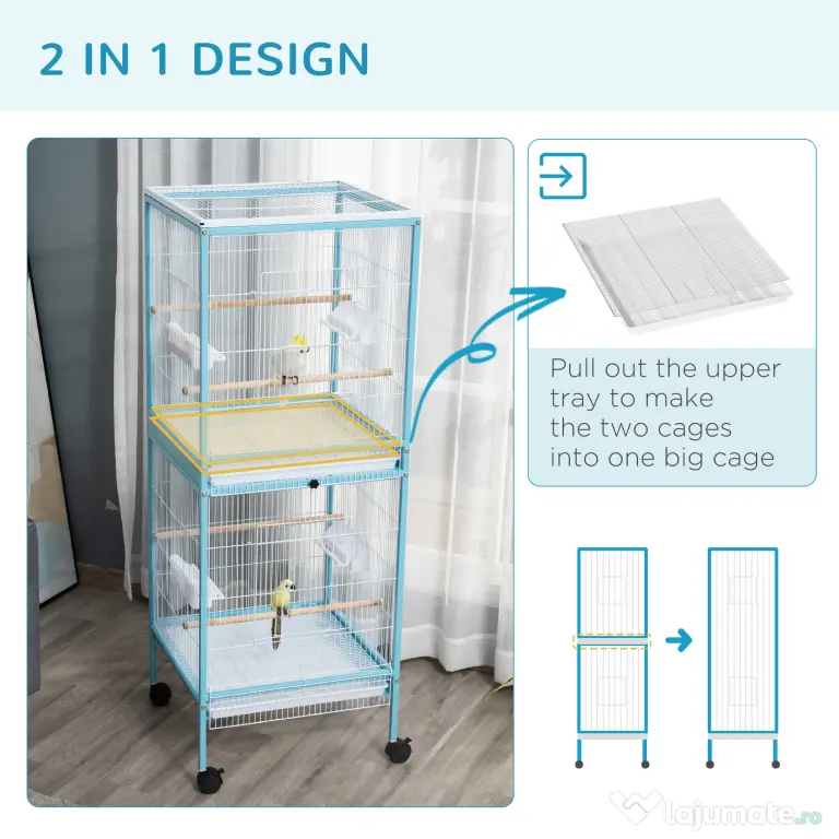 PawHut Colivie pentru Păsări, Volieră cu 4 Roți Pivotante, Tăvi Detașabile și Recipiente din Plastic, 51,5x50x140 cm, Albastru | Aosom Romania