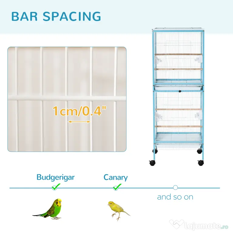 PawHut Colivie pentru Păsări, Volieră cu 4 Roți Pivotante, Tăvi Detașabile și Recipiente din Plastic, 51,5x50x140 cm, Albastru | Aosom Romania