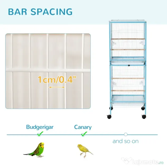 PawHut Colivie pentru Păsări, Volieră cu 4 Roți Pivotante, Tăvi Detașabile și Recipiente din Plastic, 51,5x50x140 cm, Albastru | Aosom Romania