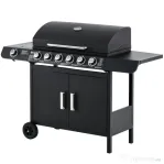 Gratar pe Gaz cu Capac Outsunny, 7 Arzatoare, Raft, 2 Roti, Negru 135x50x100cm | Aosom Romania