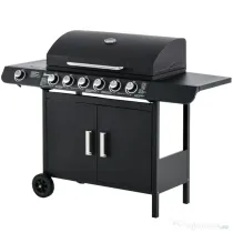 Gratar pe Gaz cu Capac Outsunny, 7 Arzatoare, Raft, 2 Roti, Negru 135x50x100cm | Aosom Romania
