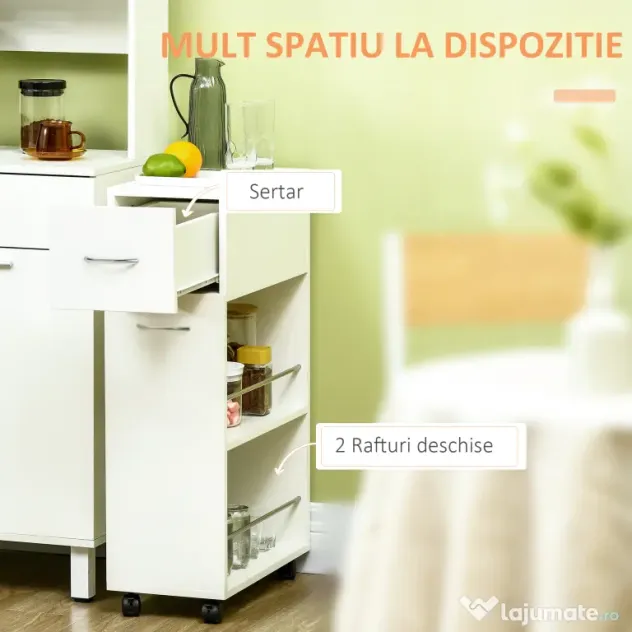 HOMCOM Carucior de bucatarie, carucior de depozitare cu insula de bucatarie sertar si rafturi deschise, alb