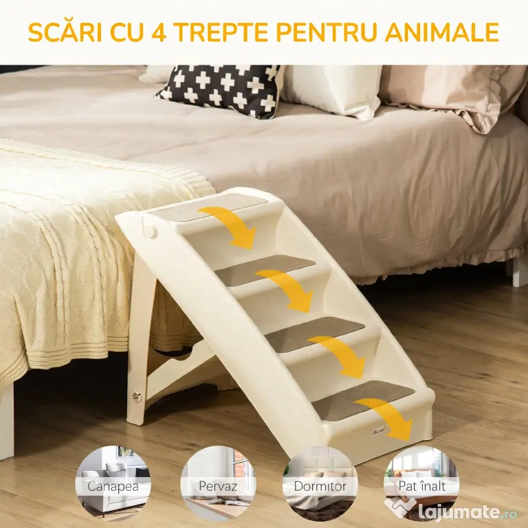 PawHut Scară Pliabilă pentru Câini cu 4 Trepte Antiderapante, Scară din PP pentru Animale de Companie, 62x38x49,5 cm, Bej