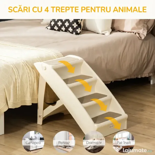 PawHut Scară Pliabilă pentru Câini cu 4 Trepte Antiderapante, Scară din PP pentru Animale de Companie, 62x38x49,5 cm, Bej