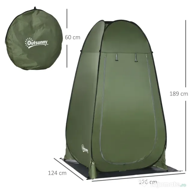 Outsunny Cort de Duș pentru Camping cu Ușă cu Fermoar, Geantă de Transport și Buzunar, 126x124x189 cm, Verde Închis | Aosom Romania
