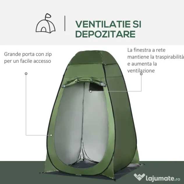 Outsunny Cort de Duș pentru Camping cu Ușă cu Fermoar, Geantă de Transport și Buzunar, 126x124x189 cm, Verde Închis | Aosom Romania