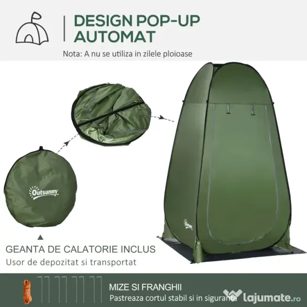 Outsunny Cort de Duș pentru Camping cu Ușă cu Fermoar, Geantă de Transport și Buzunar, 126x124x189 cm, Verde Închis | Aosom Romania