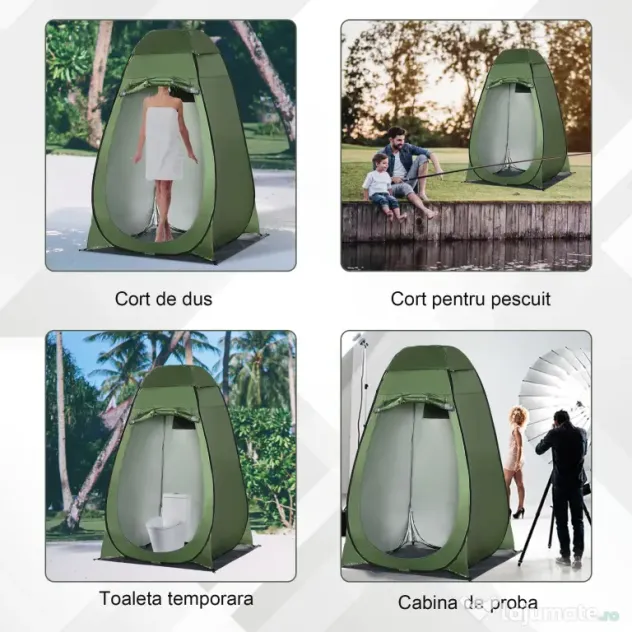 Outsunny Cort de Duș pentru Camping cu Ușă cu Fermoar, Geantă de Transport și Buzunar, 126x124x189 cm, Verde Închis | Aosom Romania