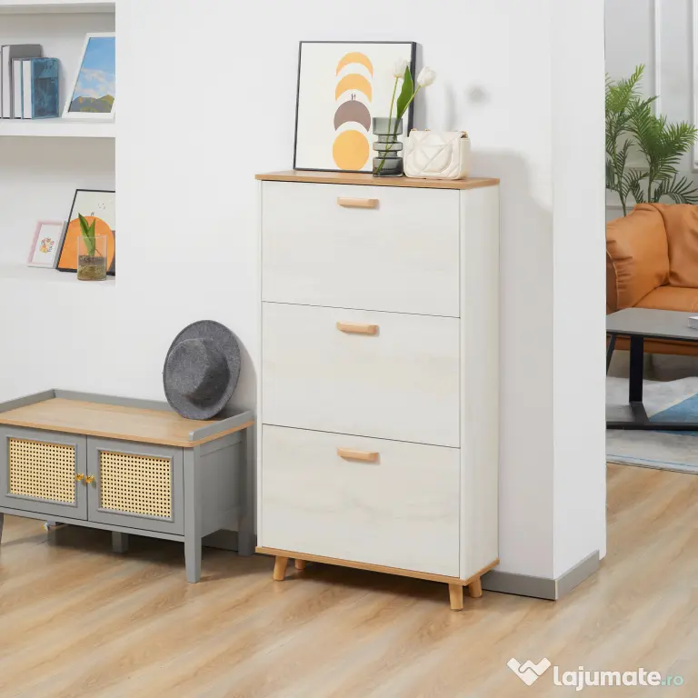 HOMCOM Dulap de pantofi din PAL cu 3 sertare si 2 rafturi interne reglabile, 70x23,5x122 cm, alb | AOSOM RO