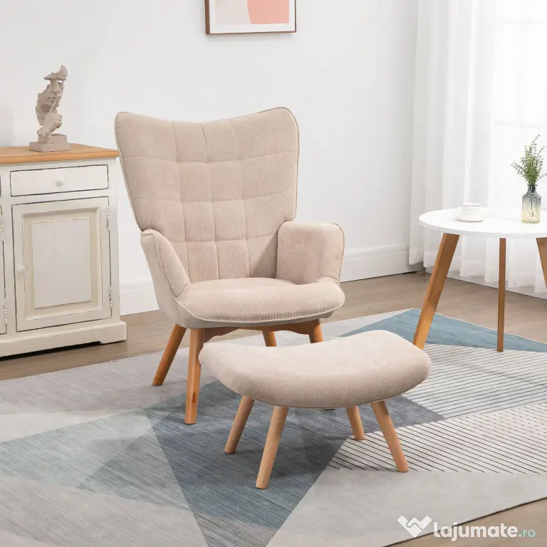 HOMCOM Fotoliu cu Taburet pentru Cameră sau Living din Catifea cu Model Crestat , Spătar Înalt și Brațe, 72x80x101 cm, Bej | Aosom Romania
