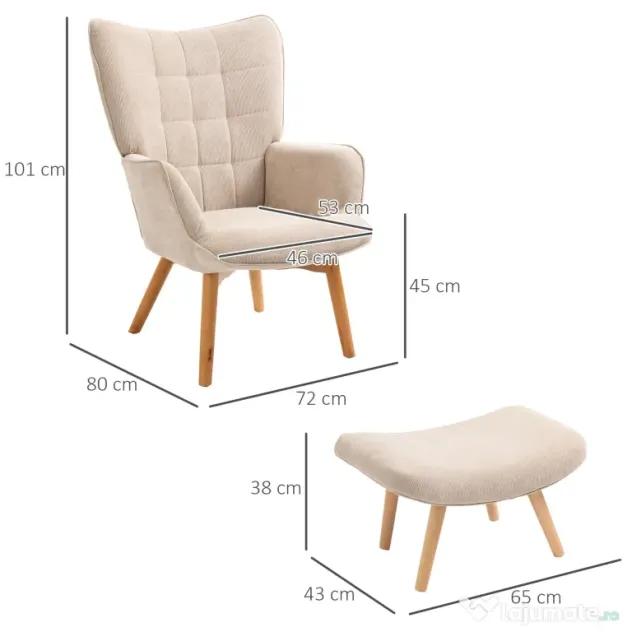 HOMCOM Fotoliu cu Taburet pentru Cameră sau Living din Catifea cu Model Crestat , Spătar Înalt și Brațe, 72x80x101 cm, Bej | Aosom Romania