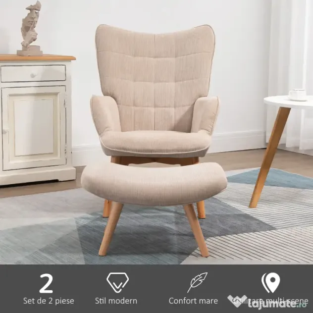 HOMCOM Fotoliu cu Taburet pentru Cameră sau Living din Catifea cu Model Crestat , Spătar Înalt și Brațe, 72x80x101 cm, Bej | Aosom Romania