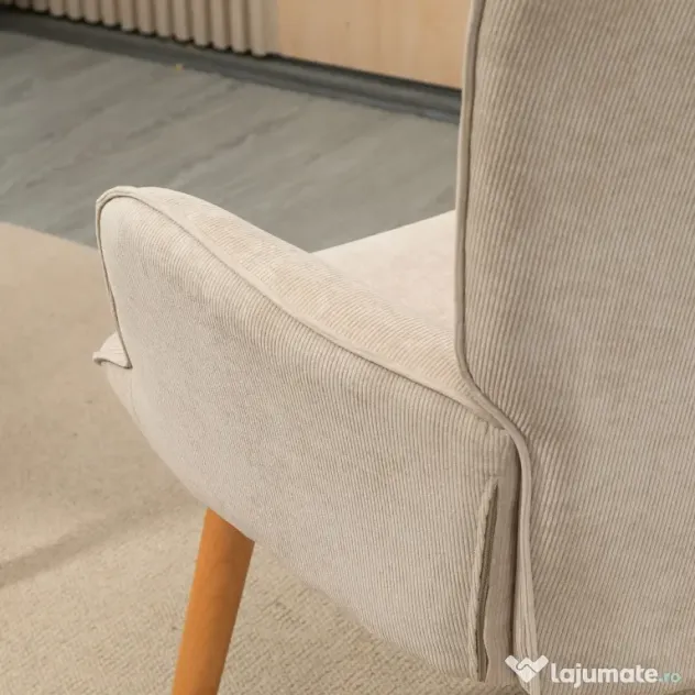HOMCOM Fotoliu cu Taburet pentru Cameră sau Living din Catifea cu Model Crestat , Spătar Înalt și Brațe, 72x80x101 cm, Bej | Aosom Romania