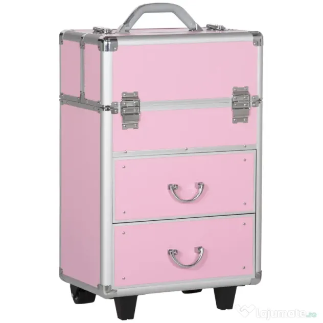 HOMCOM Husă pentru Călătorii de Machiaj, Cărucior Mare de Depozitare pentru Produse Cosmetice, 37x23x59 cm, Roz | Aosom Romania