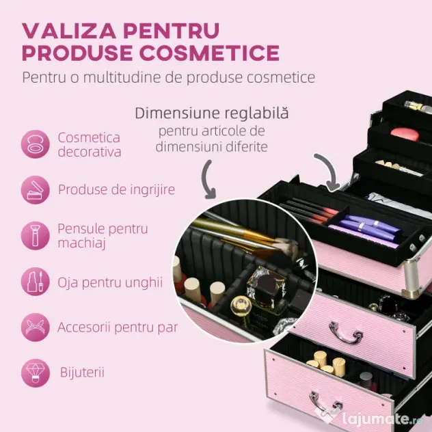 HOMCOM Husă pentru Călătorii de Machiaj, Cărucior Mare de Depozitare pentru Produse Cosmetice, 37x23x59 cm, Roz | Aosom Romania