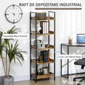 Biblioteca in stil industrial cu 5 rafturi, dulap de biblioteca din lemn si metal pentru casa si biroU HOMCOM | Aosom RO