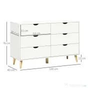 HOMCOM Comodă cu 6 sertare cu mânere laminate, din lemn de pin, 120x40x76 cm, albă și culoare lemn 