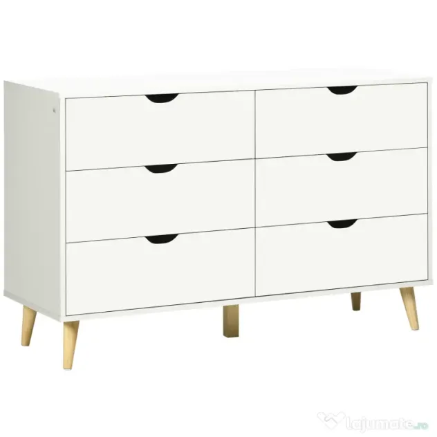 HOMCOM Comodă cu 6 Sertare și Mânere, Comodă din Lemn de Pin și Melamină, 120x40x76 cm, Alb