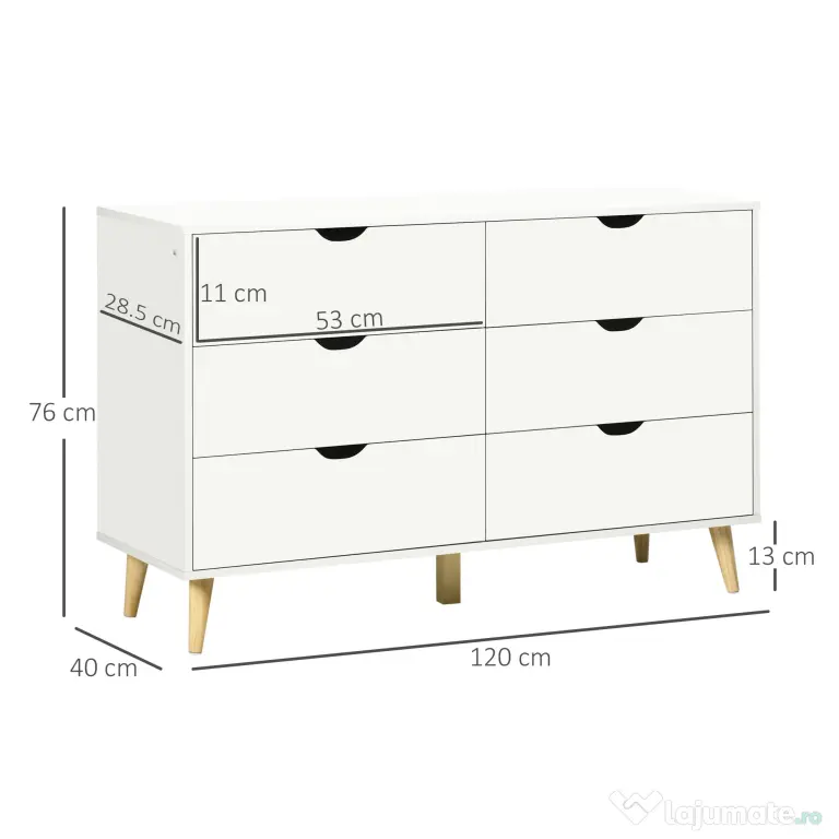 HOMCOM Comodă cu 6 Sertare și Mânere, Comodă din Lemn de Pin și Melamină, 120x40x76 cm, Alb