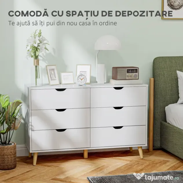 HOMCOM Comodă cu 6 Sertare și Mânere, Comodă din Lemn de Pin și Melamină, 120x40x76 cm, Alb