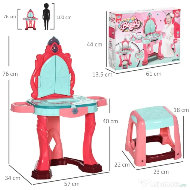 AIYAPLAY Masă de Machiaj pentru Fetițe cu Scăunel, Oglindă, Lumini și Accesorii, 57x34x76 cm, Multicolor | Aosom Romania